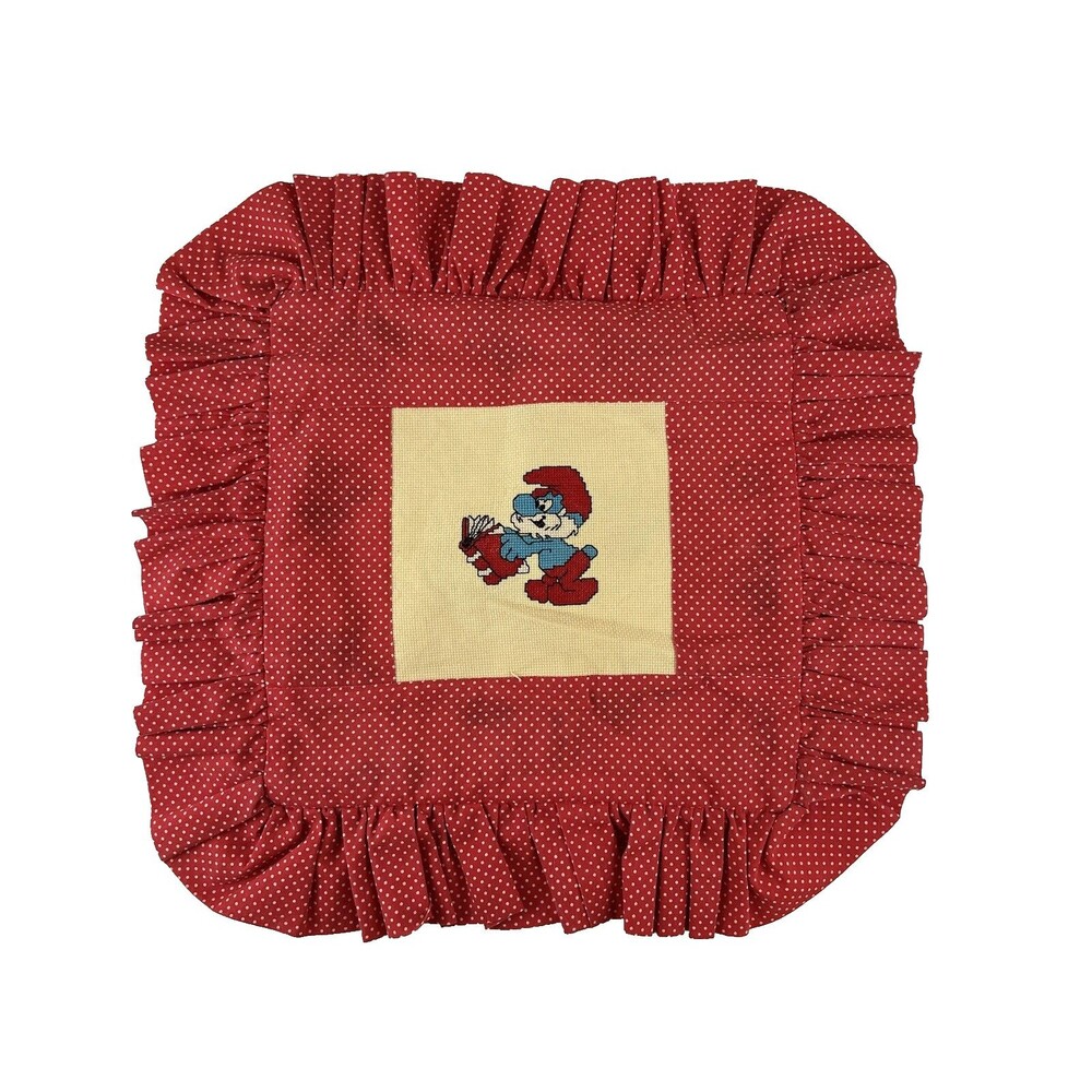 Vintage Handmade Smurf Pillowcase Papa Smurf Kitschy Throw Pillow Cross Stich